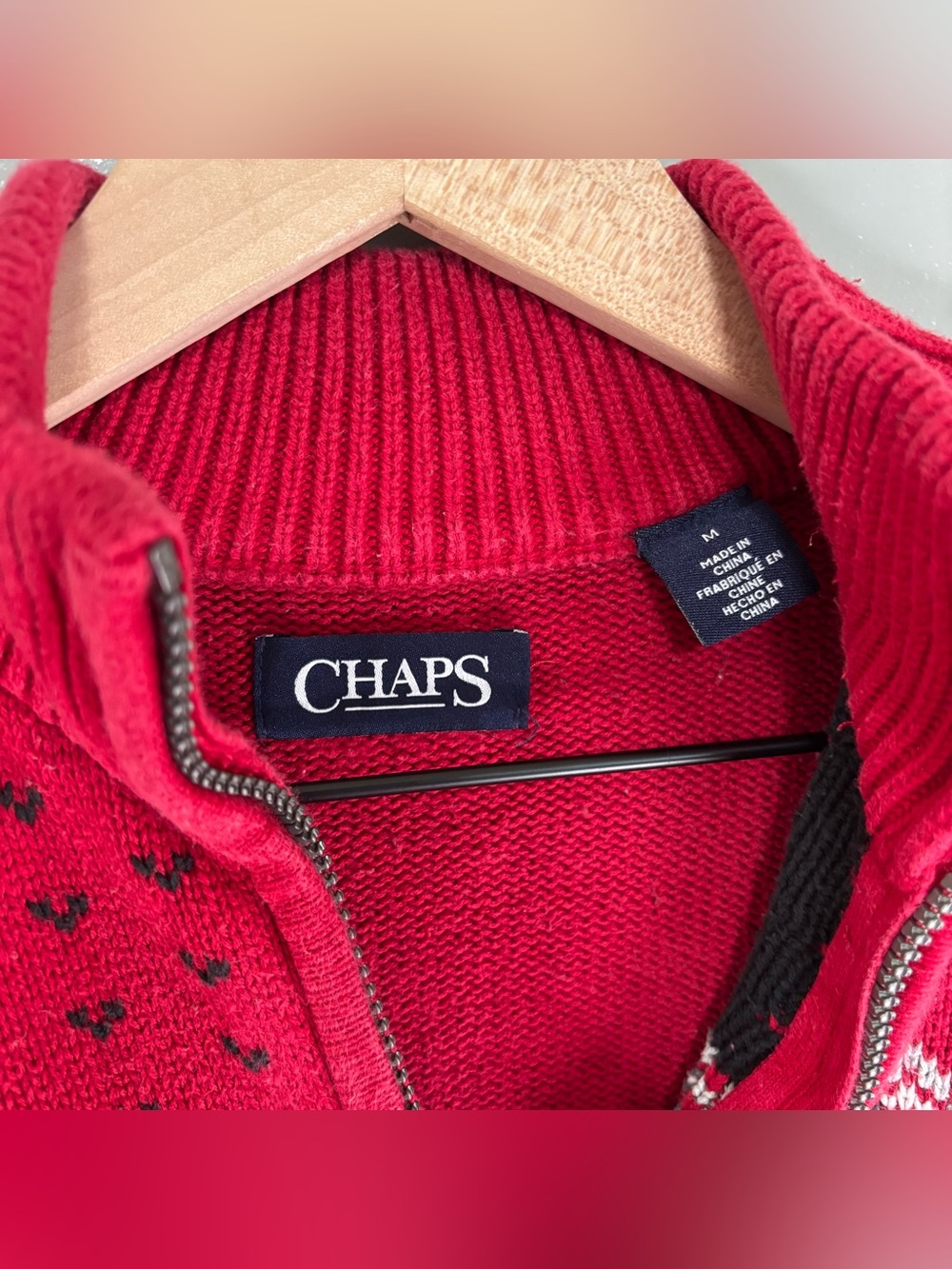Chaps Medium Quarter Zip Christmas Mockneck Sweater Red 100% Cotton - Picture 4 of 5